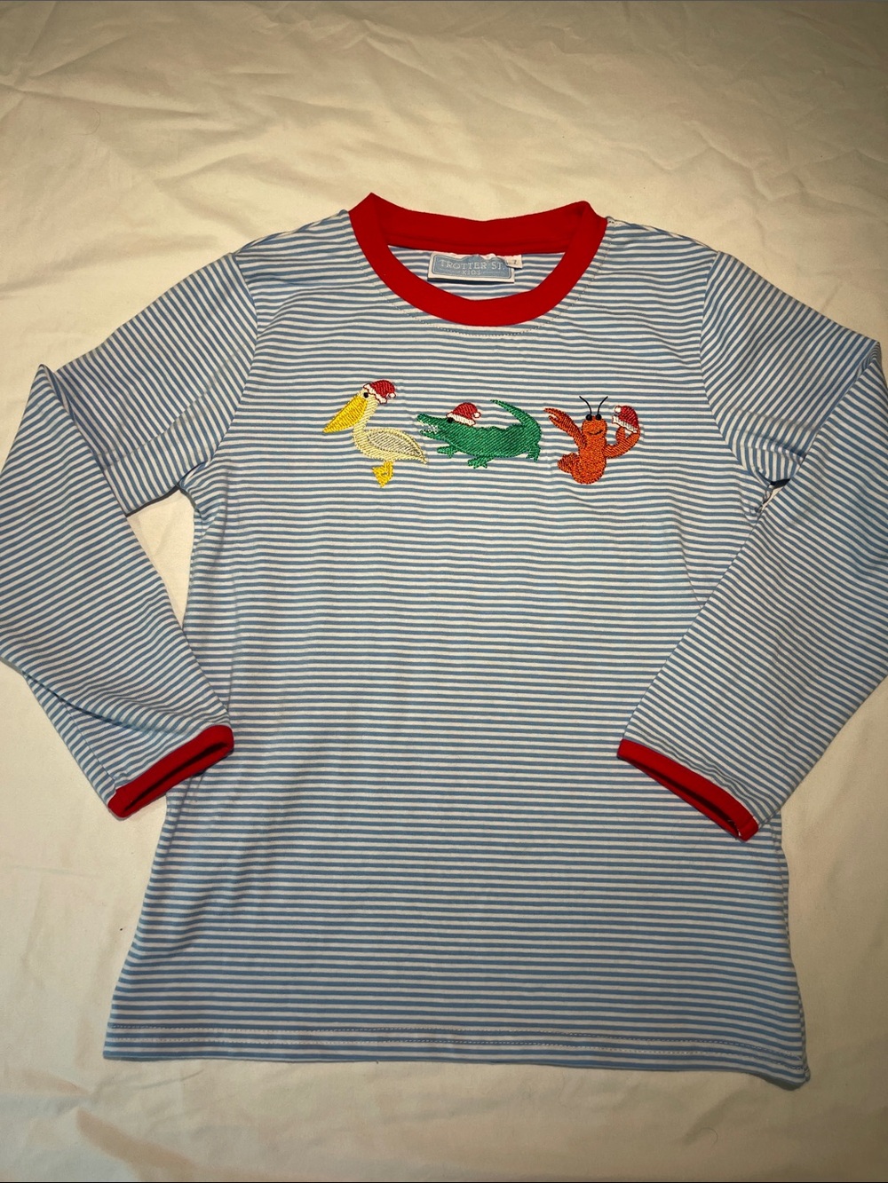 Striped Long-Sleeve Kids Cajun Christmas tee with Embroidery